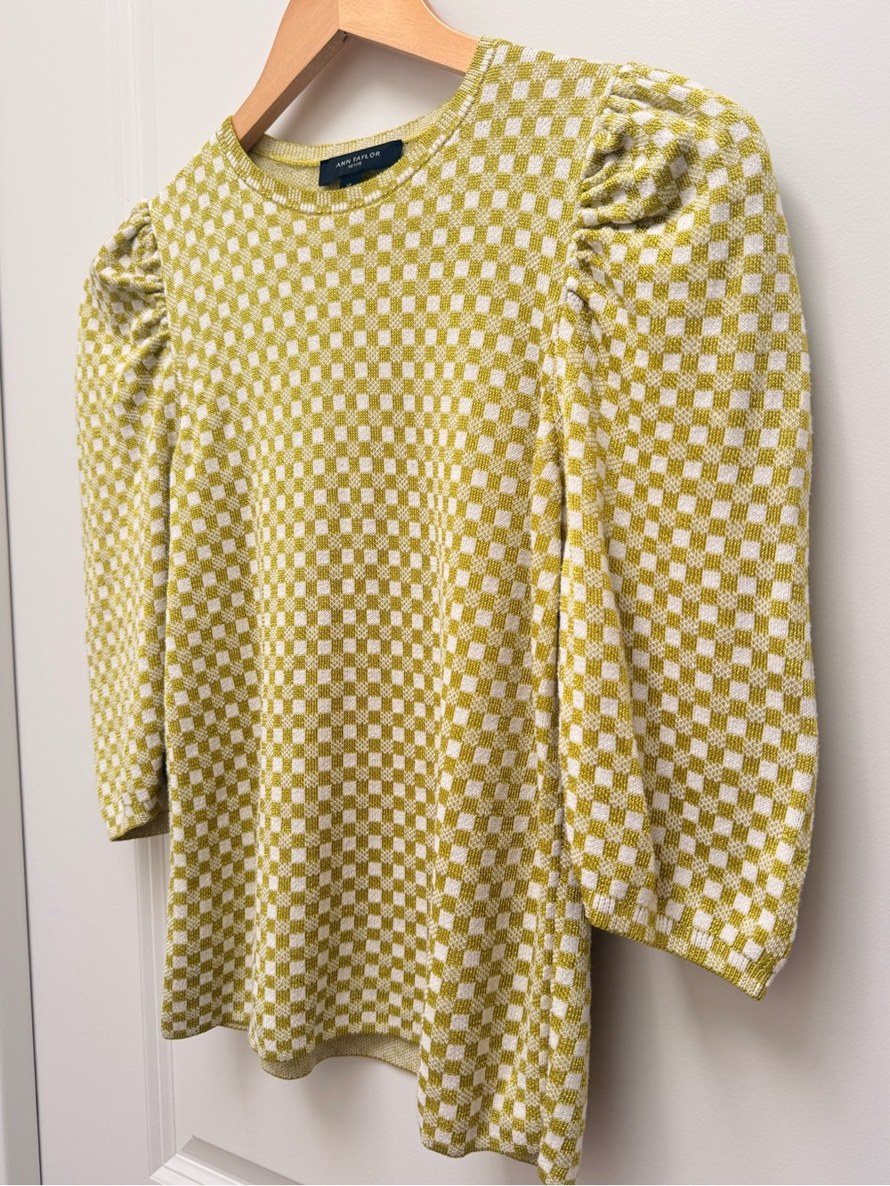 Ann Taylor Petite Chartreuse Puff Sleeve Check Sweater Size SP - Picture 3 of 11